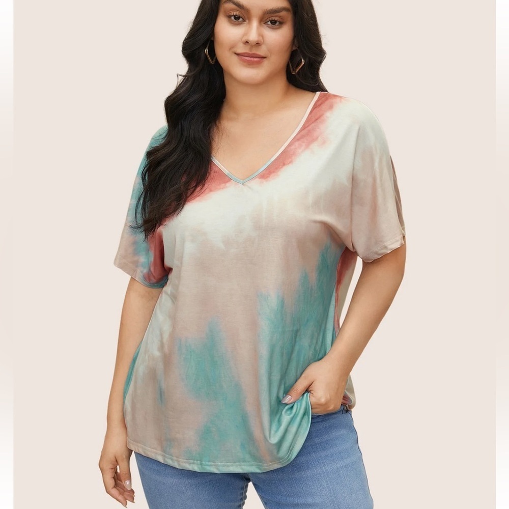 BloomChic Plus Size Tie Dye Drop Shoulder V Neck T-shirt
